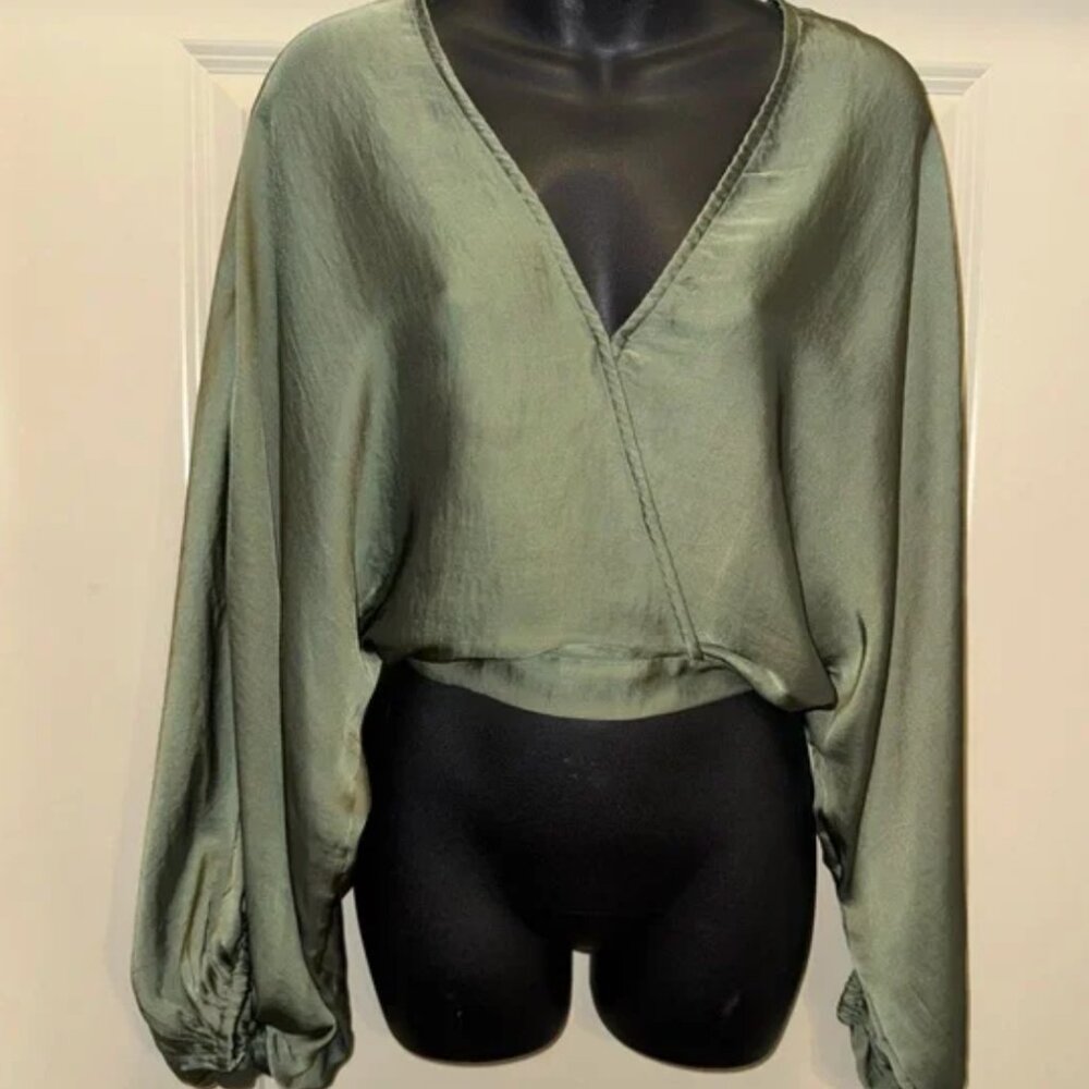 Sage Green Satin Crop Top – Long Balloon Sleeves